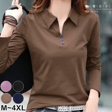 【QV3661】魔衣子-春秋氣息．純色修身假排扣POLO領長袖上衣