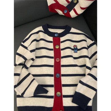 撞色復古條紋開衫毛衣外套女2025秋季新款韓系百搭顯瘦針織衫上衣