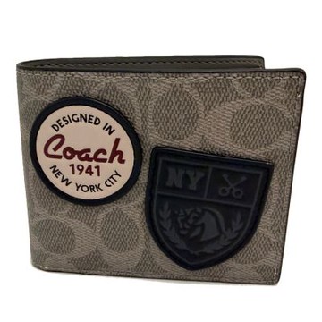 COACH 男款8卡對折短夾附活動式證件夾(C LOGO-徽章灰)