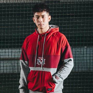 樂天拼接落肩帽T - 紅灰