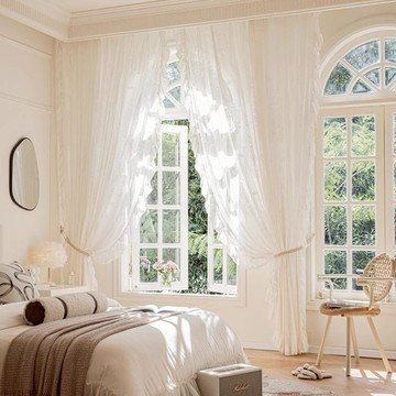 【台灣公司 可打統編】奶油色紗簾輕奢微珠光法式復古浮雕絲絨蕾絲窗紗高定洛可可白紗 y8181