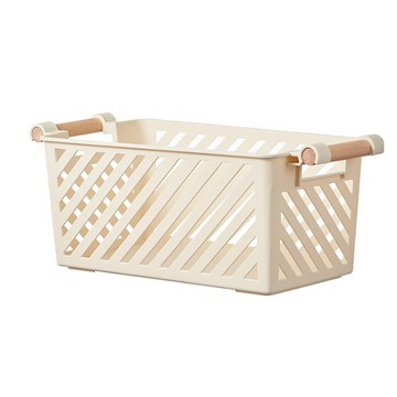 KOUJI叩吉好物 木柄 適用於各種收納用途 圓潤木柄把收 可堆疊放置 空間運用更靈活  鏤空收納盒 米色  1個