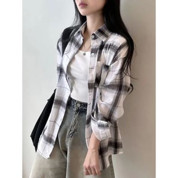 韓國chic早秋寬松百搭單排扣翻領長袖格子襯衫女簡約休閑襯衣外套