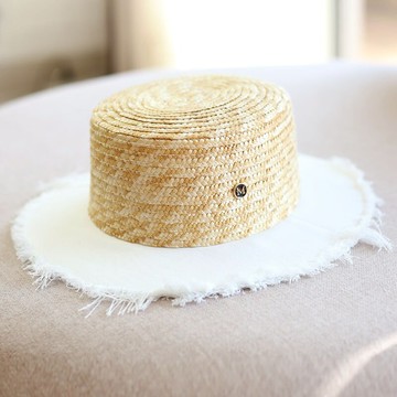 M毛邊拼接麥稈平頂帽潮網紅百搭遮陽草帽子夏天女潮百搭韓版英倫1入