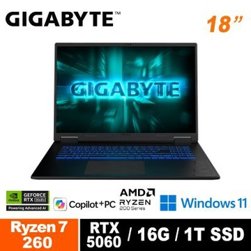 GIGABYTE 技嘉GAMING A18 3VHK3TWC94SH 18吋電競筆電 (AMD Ryzen 7 260/RTX5060 8G/16G/1TB /Win11H)