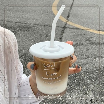 台灣出貨 ins風咖啡杯隨手杯帶蓋子冷萃外帶高顏值水杯女奶茶杯字母玻璃杯