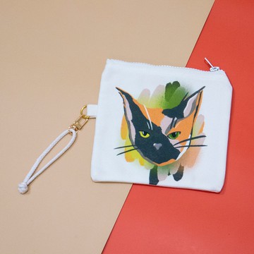 貓咪插畫帆布小袋白色-三花貓