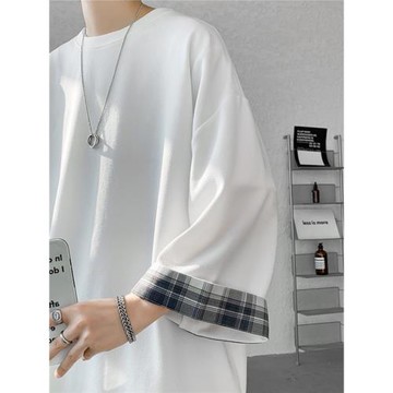 高級感七分袖T恤男士短袖夏季冰絲設計感格子寬松潮牌痞帥上衣服