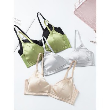 真絲緞面無鋼圈文胸薄款透氣桑蠶絲光面V型舒適搭扣純色內衣