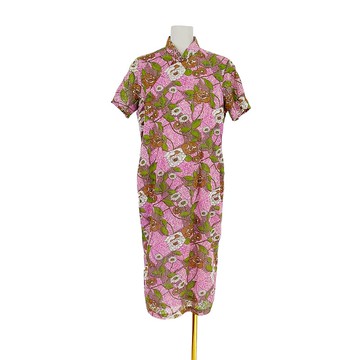 二手 咖綠紫配色 細網印花 輕薄 古董訂製 旗袍 OPF329