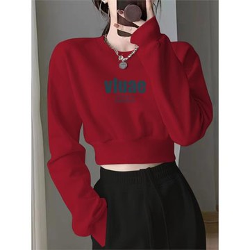 韓式學院風酒紅色短款加絨加厚衛衣女2025秋冬新款設計小眾上衣