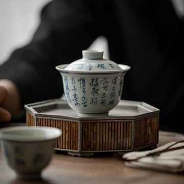 草木祠 仿古青手寫二才蓋碗 陶瓷泡茶碗敬茶碗 不燙手蓋碗泡茶杯