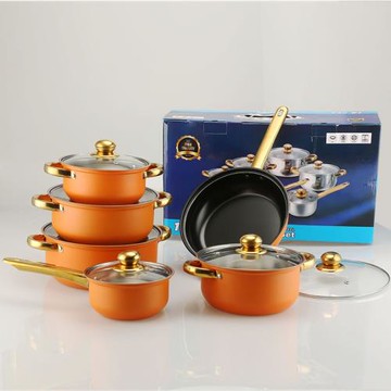 彩色不銹鋼套鍋跨境出口不粘鍋12件套鍍金柄stainless pots套鍋
