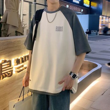 鹿皮絨t恤男美式重磅復古短袖撞色拼接圓領半袖體恤夏季男裝上衣