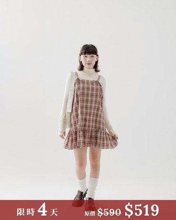 質感格紋蝴蝶結綁帶短洋裝-紅