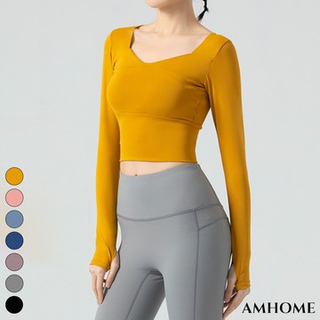 【Amhome】新款瑜伽運動瑜伽lulu健身緊身短款露臍跑步健身長袖圓領短版上衣# 113844(現貨+預購)