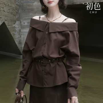 初色 法式氣質純色一字肩長袖收腰襯衫上衣女上衣-棕色-15525(M-2XL可選)