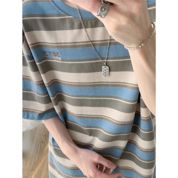 復古撞色條紋短袖T恤男女夏季寬松半袖休閑體恤純棉百搭重磅上衣