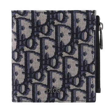Christian Dior Oblique 滿版緹花對折式零錢短夾.深藍