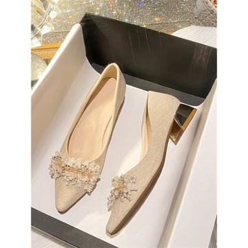 2024年早春新款中跟粗跟單鞋女主婚紗婚鞋新娘秀禾兩穿訂婚伴娘鞋