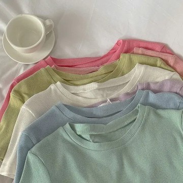 韓版設計感圓領螺紋短版上衣【T597】