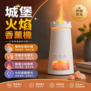 【隔日到貨】城堡火焰香薰機 天然鹽石擴香機 七彩氛圍燈 加濕器 靜音水氧機 古堡造型 精油擴香器 居家擺飾 聖誕交換禮物