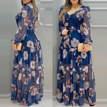 Long High Waist Sweet Print VNeck Dress長款甜美印花V領連衣裙