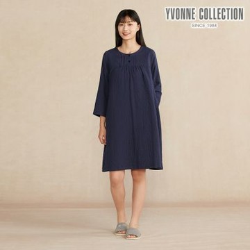 YVONNE 以旺傢飾 雙層紗半開襟長袖洋裝-丈青