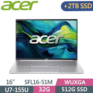 ACER Swift Lite 16 SFL16-51M-74W7 銀 Ultra 7-155U/32G/512G+2TB SSD/WUXGA/16/W11)特仕