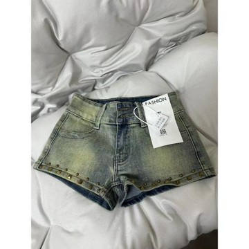 美式辣妹高街復古牛仔短褲女夏季設計感柳釘低腰超短褲包臀熱褲子