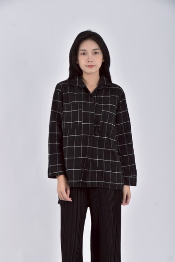 (XL) fashion格紋黑色襯衫上衣