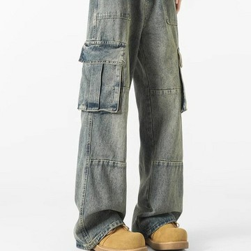 工裝牛仔褲男新款水洗做舊潮牌美式高街闊腿褲秋冬款寬松直筒褲子鑫弘-衣錦男裝