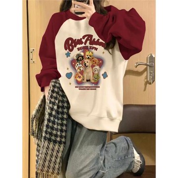 美式插肩圓領衛衣女款加絨小個子寬松慵懶風長袖上衣無帽潮牌外套