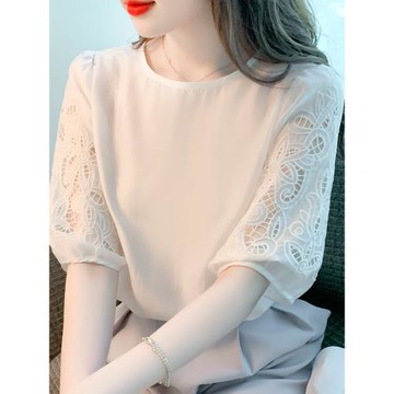 時尚雪紡衫女五分袖夏季2025新款設計感小眾氣質小衫蕾絲中袖上衣