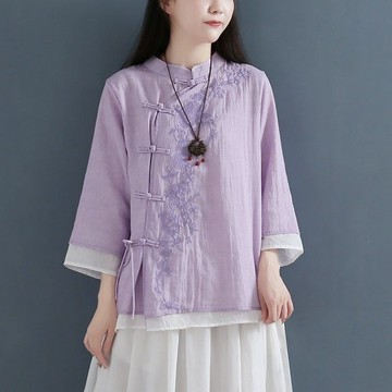 【雅韻衣櫥】春夏款文藝刺繡中國風漢服斜襟盤扣復古襯衫大碼棉麻七袖上衣