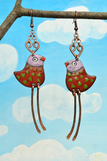 Jewelry, Earrings, Enamel, Enamel Earrings, Enamel Jewelry, Bird Earrings with Polka Dots, Bird Earrings, Enamelled Earrings, Bird Jewelry, Polka Dots,