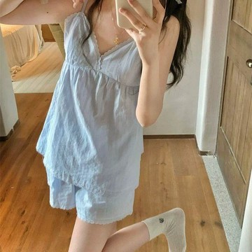 Xuan♥ 睡衣女純棉吊帶帶胸墊蕾絲邊簡約網紅少女風家居服套裝可外穿