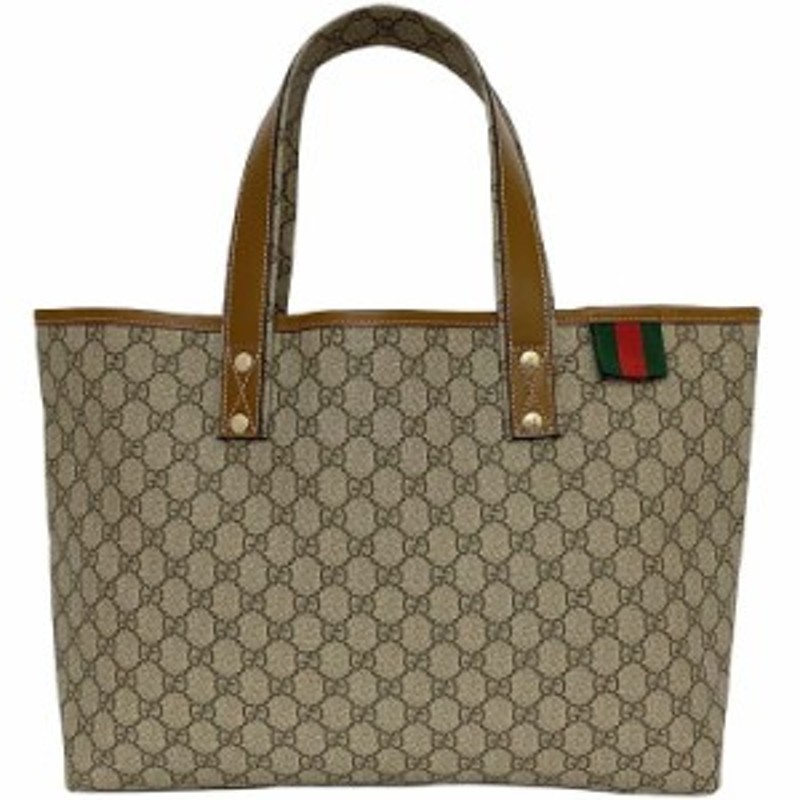 グッチ トートバッグ ベージュ ブラウン GGスプリーム シェリー 21134 f-20348 美品 PVC レザー 中古 GUCCI GG ロゴ  軽い 総柄 肩掛け 書 | LINEブランドカタログ