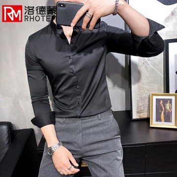 洛德蒙英倫質感免燙垂滑修身痞帥襯衫男長袖韓版商務正裝西服寸衣