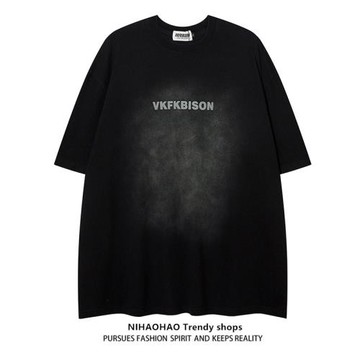 NIHAOHAO原創潮牌2024夏季新款小眾設計短袖水洗做舊發泡字母T恤