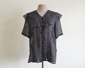 復古風黑白碎花雪紡襯衫 女款 輕透短袖上衣 XL