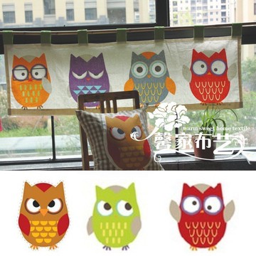 棉麻大貓頭鷹 卡通韓式兒童窗簾 門簾 臥室 廚房簾 半簾窗簾定做