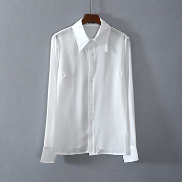 夏款女裝直筒寬松長袖polo領純色襯衫氣質顯瘦時尚