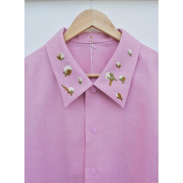 刺繡 | 亞麻 | 粉色短版襯衫