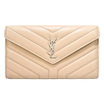 YSL Saint Laurent 小羊皮衍縫翻蓋信封長夾(銀x卡其)