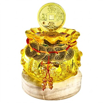 財神小舖 招財進寶五帝錢袋聚寶盆 琉璃元寶擺件 4.7 x 2.9 x 6.5cm + 多色小寶 120g + 五帝錢套繩 + 琉璃錢袋聚寶盆 7 x 8cm + 實木LED燈底座10cm  開運黃  1個