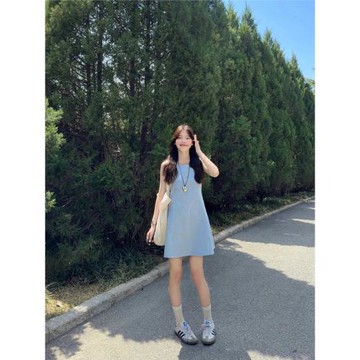 韓系氣質藍色圓領連衣裙女夏季新款小個子寬松無袖背心裙短裙子