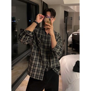MRCYC慵懶風格子襯衫男春季休閑長袖襯衣韓系寬松寸衣情侶外套潮