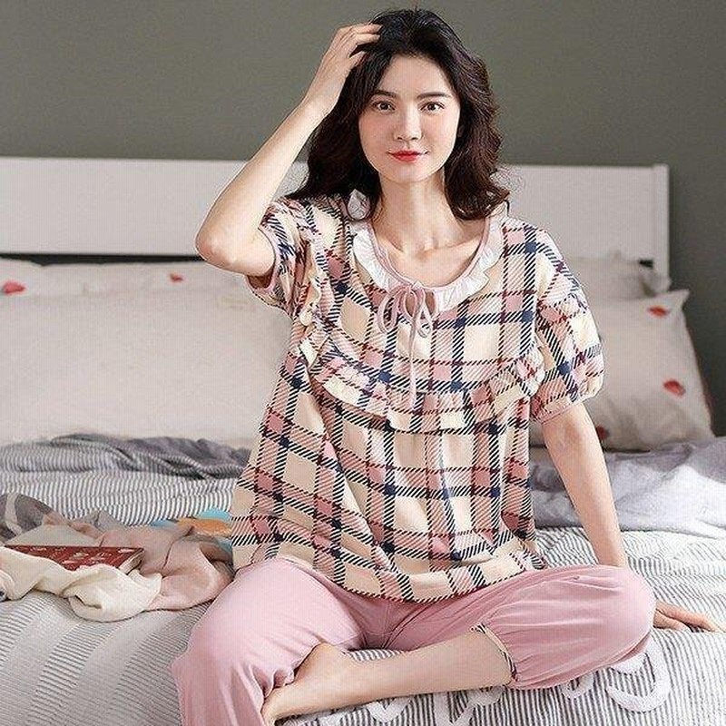 パジャマ レディース 夏 半袖 綿素材 ルームウェア 2点セット Tシャツ 七分丈パンツ 薄手 チェック柄 寝巻き 部屋着 快適 体型カバー 大きいサイズ 可愛い 新品 通販 Lineポイント最大0 5 Get Lineショッピング