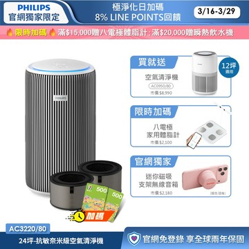 ★再送1000商品卡★【3/31前買大送小】加碼送濾網！飛利浦抗敏奈米級空氣清淨機(AC3220/80)-適用24坪